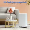 A white dehumidifier is placed next to a sofa in a living room setting. Produktbild-Vorschau