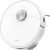 A white robot vacuum cleaner with a silver accent on a white background. Voir les images du produit
