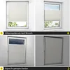 A collage of four images showing a beige pleated blind in different window configurations and states of adjustment. Produktbild-Vorschau