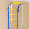 A close-up view of a blue and yellow metal wall-mounted gym apparatus with ropes and rings. Voir les images du produit