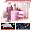 A pink children's vanity table and chair set with a mirror, displayed in a room setting. The bottom part of the image shows a comparison between an acrylic mirror and a broken glass mirror. Podgląd zdjęcia produktu