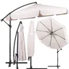 A collage of images showing a large cantilever umbrella in different states: open, closed, and with a cover. The umbrella is beige with a black frame. Anteprima dell’immagine prodotto