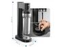 A soda maker with dimensions indicated and a close-up inset showing how to use it. Produktbild-Vorschau