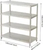 A four-tier stainless steel shelving unit shown against a white background with dimensions indicated by text overlays. Voir les images du produit