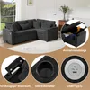 A dark gray sectional sofa with multiple inset images highlighting its features. Produktbild-Vorschau