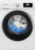 A front view of a white washing machine with a black drum, showing laundry inside. Voir les images du produit