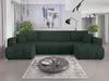 A large, dark green sectional sofa is arranged in a living room setting with a coffee table in front of it.