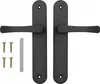 A pair of black door handles with screws and a metal bar on a white background. Produktbild-Vorschau
