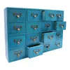 A blue wooden cabinet with 16 drawers, each with a bronze handle and label holder. Produktbild-Vorschau