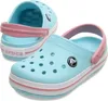 A pair of light blue Crocs with pink and white accents, shown from a slightly angled perspective. Produktbild-Vorschau
