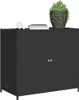 A black poly rattan garden cabinet with two doors and silver handles, placed on a white background. A potted plant and two books are on top of the cabinet. Produktbild-Vorschau