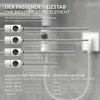 A diagram showing different sizes of heating elements with their corresponding lengths and power outputs, along with a table comparing radiator heat output to heater element output. Produktbild-Vorschau