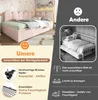 A split image comparing a pink upholstered bed with a pull-out bed (left) to a white metal bed with a pull-out bed (right). The left side highlights features of the pink bed, while the right side shows a comparison with a different bed. Náhled obrázku produktu