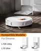 A white robot vacuum cleaner is shown on a wooden floor, with a charging dock in the background. Below, there is a section listing compatible models with images of two different robot vacuum charging stations. Produktbild-Vorschau