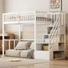 A white loft bed with stairs and storage, featuring a sofa underneath. Voir les images du produit