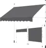 A dark gray awning is shown in a studio setting with a white background. The awning is extended and supported by white poles. Smaller, retracted awnings are shown in the foreground. Produktbild-Vorschau