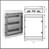 A technical drawing and a 3D rendering of an electrical distribution box. Produktbild-Vorschau