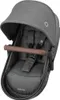 A close-up view of a gray stroller seat with a brown safety bar. Produktbild-Vorschau