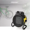 A yellow and black ceramic fan heater is placed on a white surface in front of a wall with a green bicycle mounted on it. Shelves are visible in the background. Produktbild-Vorschau
