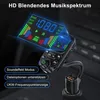 A car FM transmitter with a digital display showing music spectrum and frequency, plugged into a car's power outlet. Produktbild-Vorschau