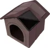 A brown fabric dog house with an arched entrance and a partially open roof. Náhled obrázku produktu