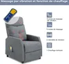 A gray massage chair with a remote control and feature callouts. Podgląd zdjęcia produktu