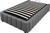 A grey upholstered bed frame with a slatted base, shown from a diagonal angle. Produktbild-Vorschau