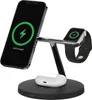 A Belkin 3-in-1 wireless charging stand with an iPhone, Apple Watch, and AirPods charging case. Produktbild-Vorschau