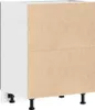 A white and brown kitchen base cabinet with black legs, shown from the front. Produktbild-Vorschau