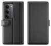 A black leather flip case for a smartphone is shown from the front and back. Produktbild-Vorschau