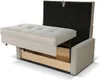 A beige sofa bed with its mattress extended and a storage drawer pulled out. Náhled obrázku produktu