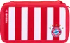 A red and white striped pencil case with the FC Bayern München logo.