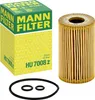 A product shot of a MANN FILTER oil filter and its packaging, along with accompanying O-rings. Podgląd zdjęcia produktu