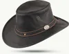 A black leather hat on a white background. Produktbild-Vorschau
