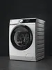 A modern white washing machine with a black front panel and a digital display, set against a dark textured background. Produktbild-Vorschau