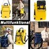 A collage of images showcasing a yellow and blue waterproof backpack designed for cycling, with people using it and demonstrating its features. Produktbild-Vorschau