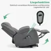 A gray recliner chair is shown in a reclined position, with a remote control and a pocket on the side. Arrows indicate movement and a close-up of the remote is shown. Anteprima dell’immagine prodotto