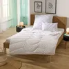 A neatly made bed with white bedding and pillows, set against a woven headboard. The room has sheer mint green curtains and wooden flooring. Produktbild-Vorschau