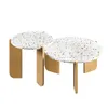 A set of two nesting coffee tables with round terrazzo tops and wooden legs, presented on a white background. Voir les images du produit