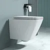 A modern white wall-mounted toilet with a toilet paper holder and roll mounted on a light blue wall with vertical teal accents in the background. Produktbild-Vorschau