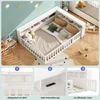 A child's bedroom with a white bed frame, shelves, and toys. The image is divided into three sections showing details of the bed. Voir les images du produit