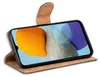 A book-style phone case is open, displaying a smartphone screen with abstract colorful shapes. Podgląd zdjęcia produktu