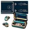 Marketing image showing Bluetooth earphones and their charging case, with diagrams illustrating connectivity. Produktbild-Vorschau
