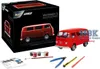 A product shot of a Revell VW T2 model kit box, with the assembled model and accessories laid out in front. Produktbild-Vorschau