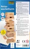 The image shows the back of the packaging for a wooden block stacking game, with product descriptions in multiple languages and regulatory information. Produktbild-Vorschau