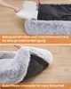 A split image showing a person inserting a pillow into a dog bed and a close-up of the dog bed's underside. Produktbild-Vorschau