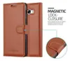A brown leather wallet-style phone case with a magnetic closure is shown, with text highlighting its features. Podgląd zdjęcia produktu