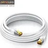 A coiled white Ethernet cable with silver and gold connectors on a white background. Produktbild-Vorschau