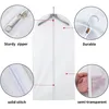 A white garment bag with different close-up views highlighting its features like zipper, stitching, and material. Produktbild-Vorschau