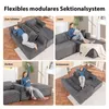 A collage of four images showing a modular sofa in different configurations and uses. Produktbild-Vorschau